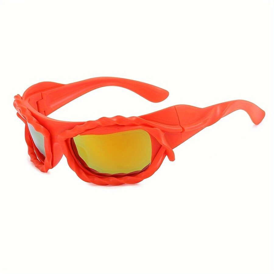 Y2K wrap-around punk sunglasses with orange frame and gradient mirrored lenses for unisex rave parties and outdoor activities.