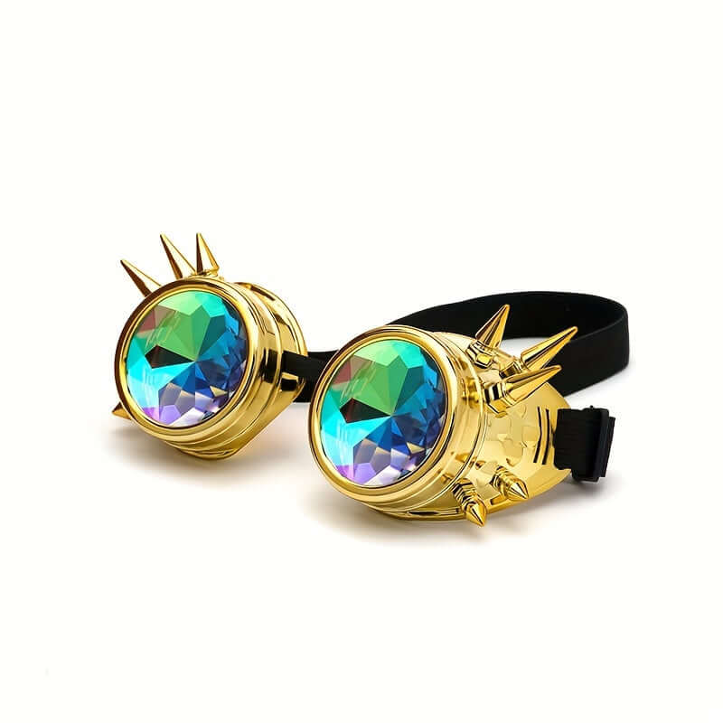 Steampunk kaleidoscope glasses with prism lenses and spikes, perfect for gothic rave parties and festivals.