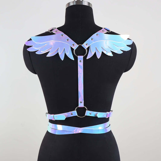 Street punk PU leather harness belt with rainbow gradient blue angel wings and rivet details on a mannequin.