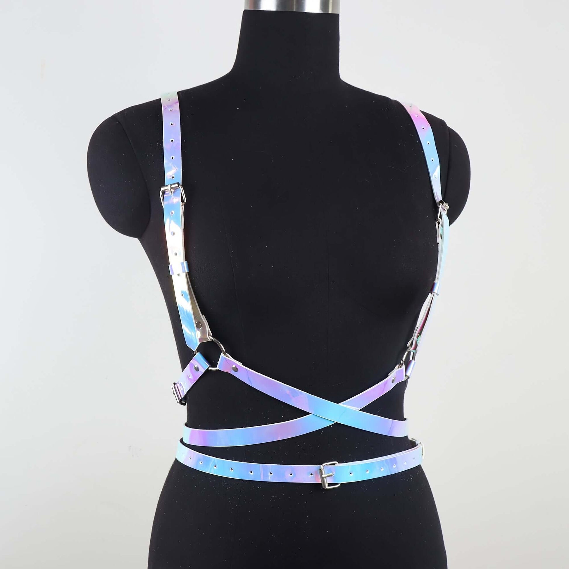 Street punk rainbow gradient blue angel wing PU leather harness belt with rivets on a mannequin.