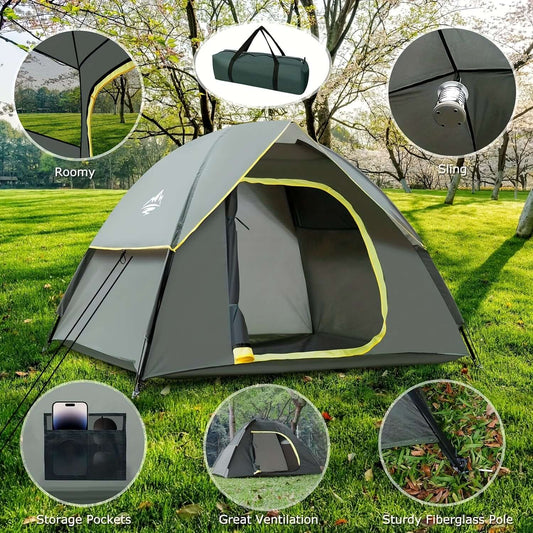 Dome camping tent with removable rainfly, showing easy setup, storage pockets, and accessories on green grass. Ideal for 2-3 people.