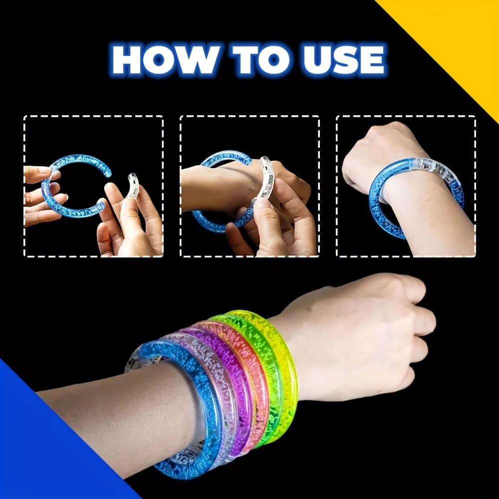 Instructions for using LED glow bracelets, showing blue bracelet activation and a set of colorful bracelets worn on a wrist.