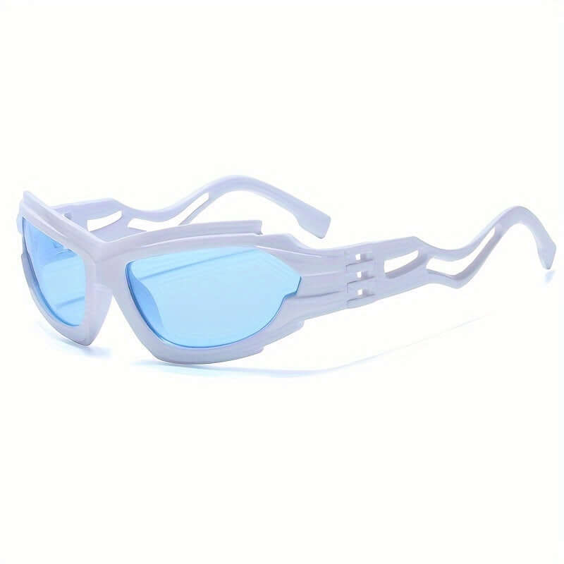 White Y2K steampunk glasses with blue lenses, bold design for rave parties and stage fashion accessories.