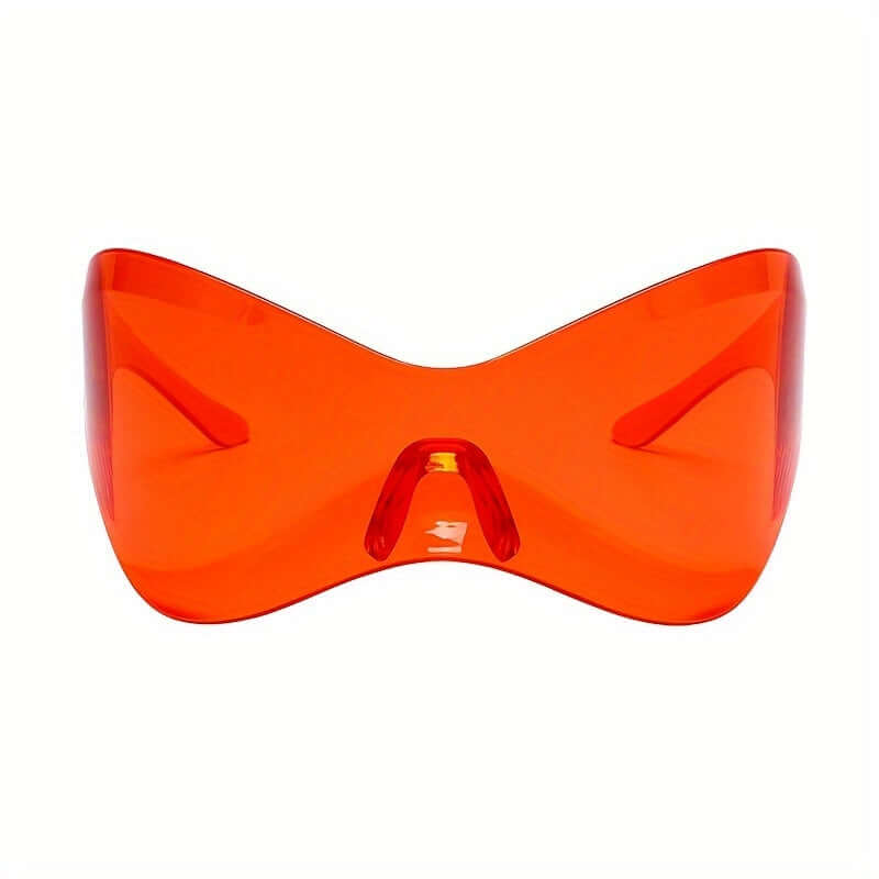 Bold Y2K cyberpunk shield sunglasses with red mirror lens, perfect for parties and festivals. Unisex, futuristic design.