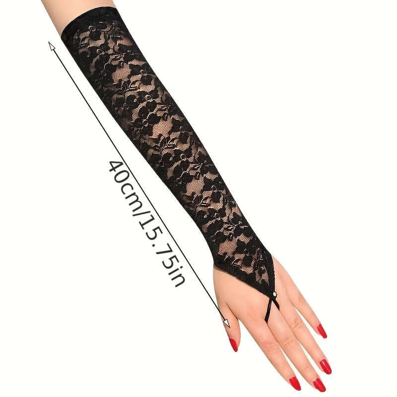 Black floral lace fingerless glove arm warmer, 40cm long, elegant mesh tulle design for women.