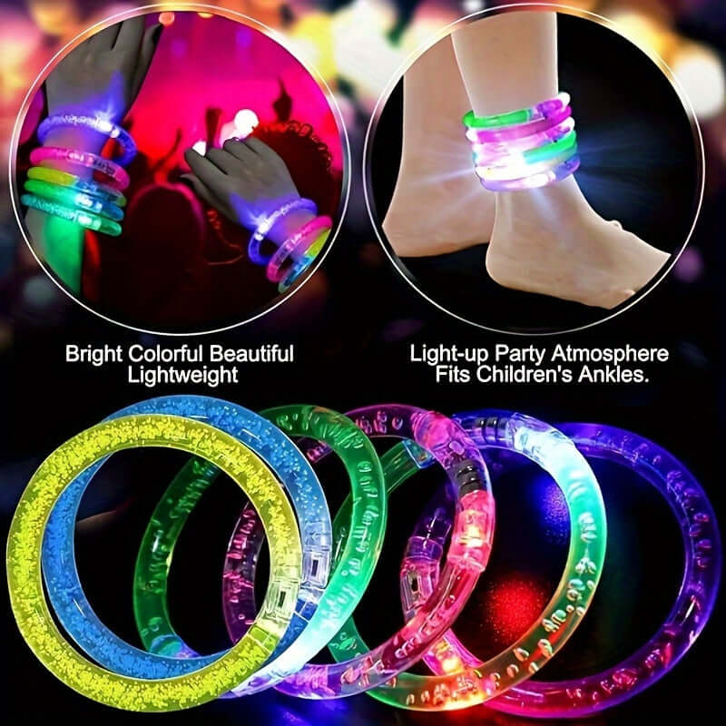 Colorful LED glow bracelets for parties, shown on wrists and ankles, perfect for kids and adults at any event.