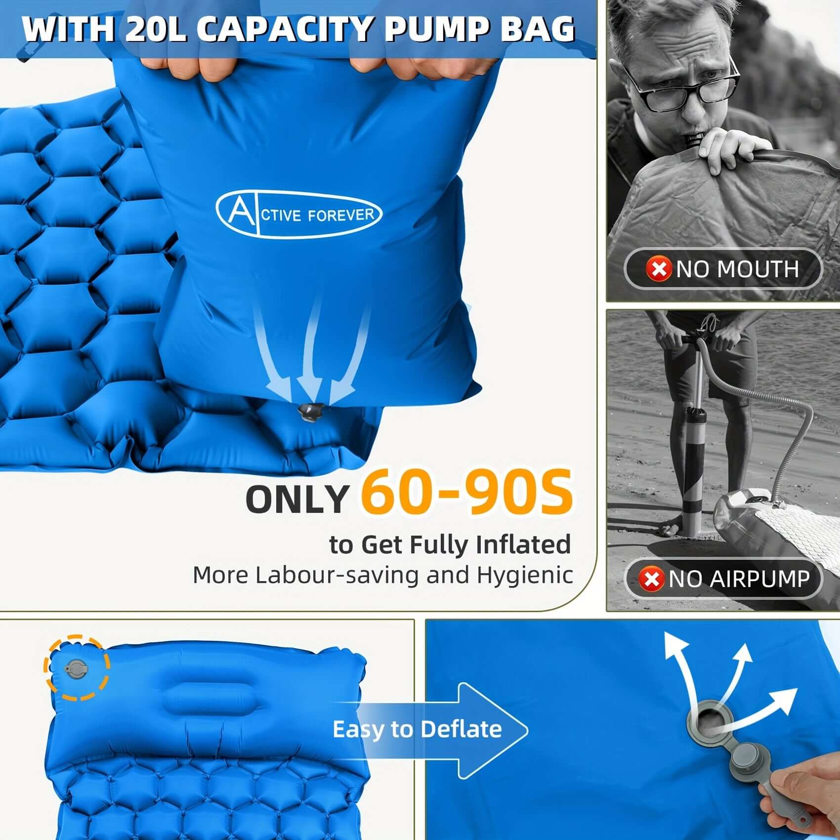 Ultralight inflatable camping mat with integrated pump bag, showcasing quick inflation in 60 seconds.