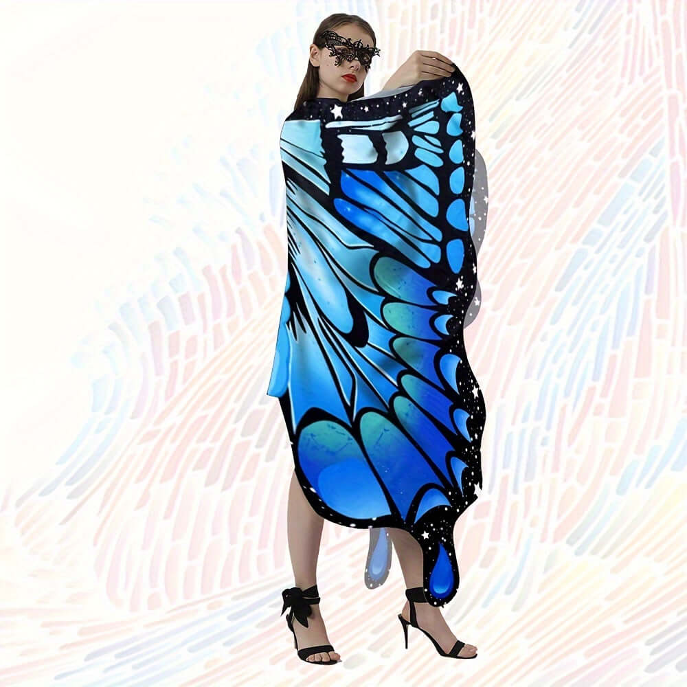 Woman wearing blue butterfly wings shawl, perfect for festivals and parties.