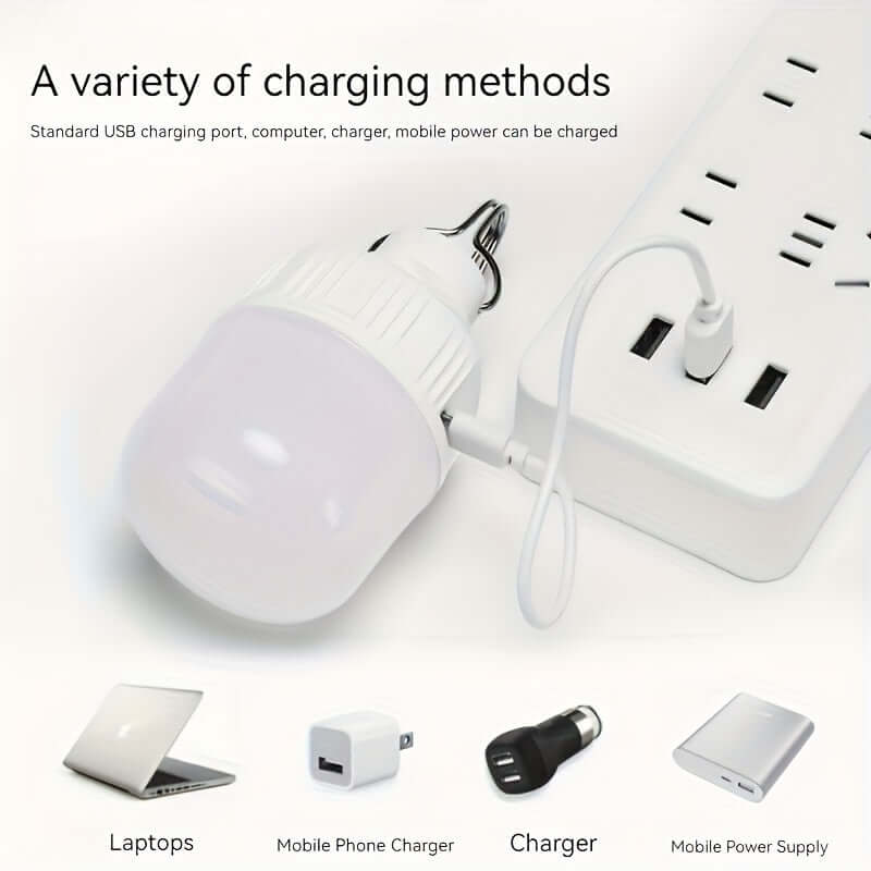 LED camping lantern charging via USB connected to power strip, with icons showing various charging methods including laptops and mobile devices.