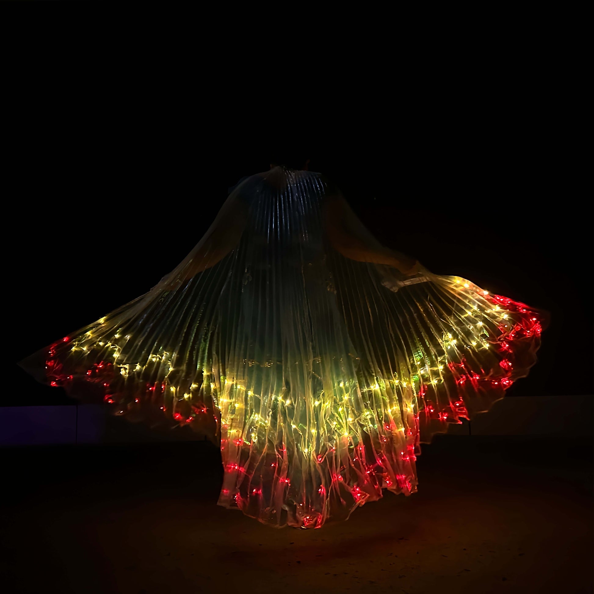 LED angel wings cape glowing with red and yellow lights, butterfly design, perfect for festivals and performances.