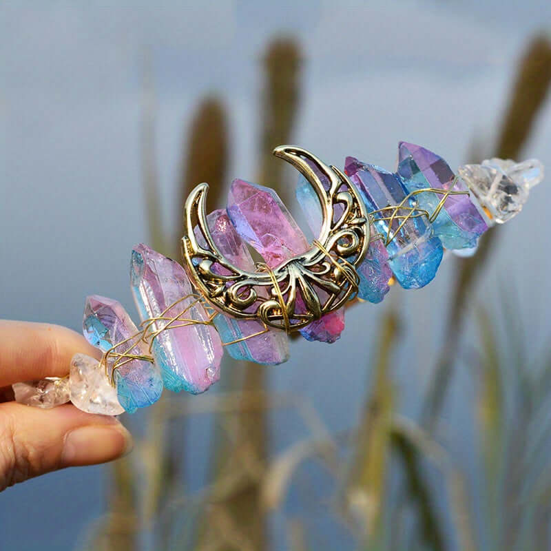 Elegant natural crystal headband with moon-shaped hollow design featuring colorful crystals, perfect for special occasions.