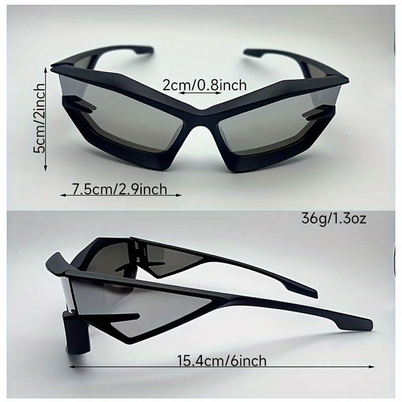 Polygonal Rave Glasses with anti-reflective lenses, showcasing modern design, lightweight frame, and precise measurements.