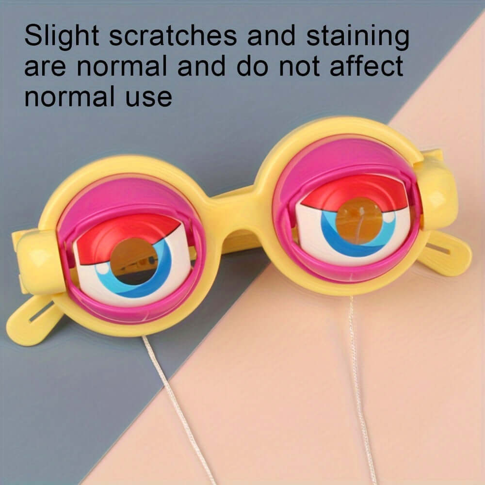 Colorful crazy eyes novelty glasses for pranks and parties, featuring fun design with slight scratches and stains not affecting use.