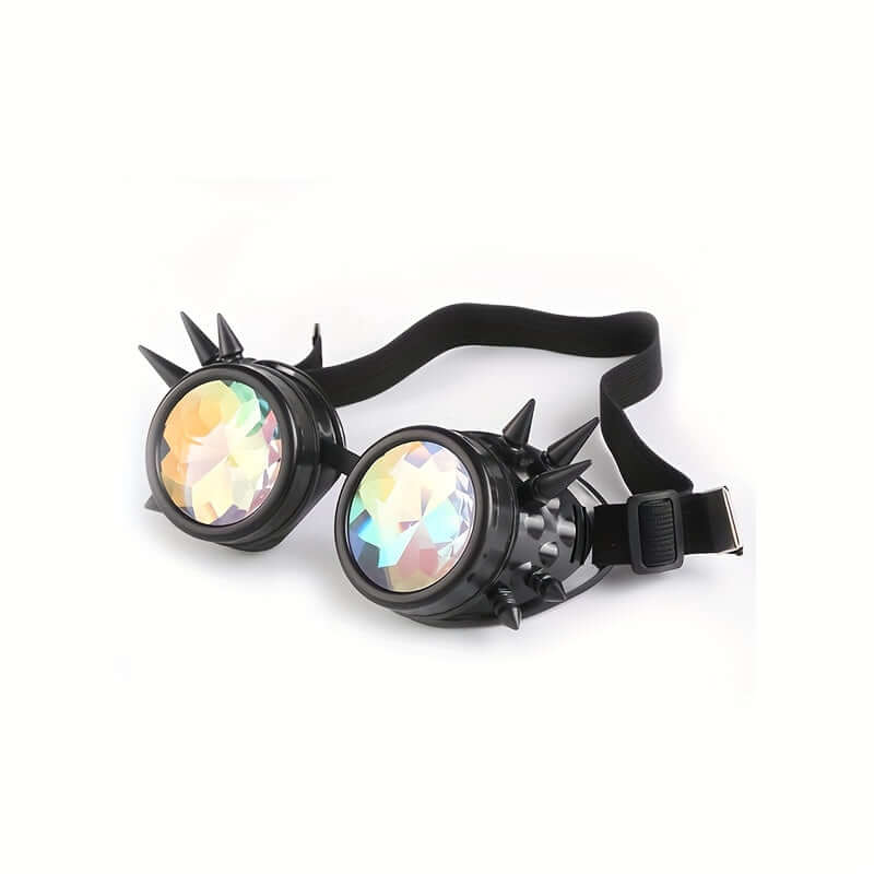 Steampunk kaleidoscope glasses with prism lenses and spikes, ideal for Y2K gothic rave parties and festivals.