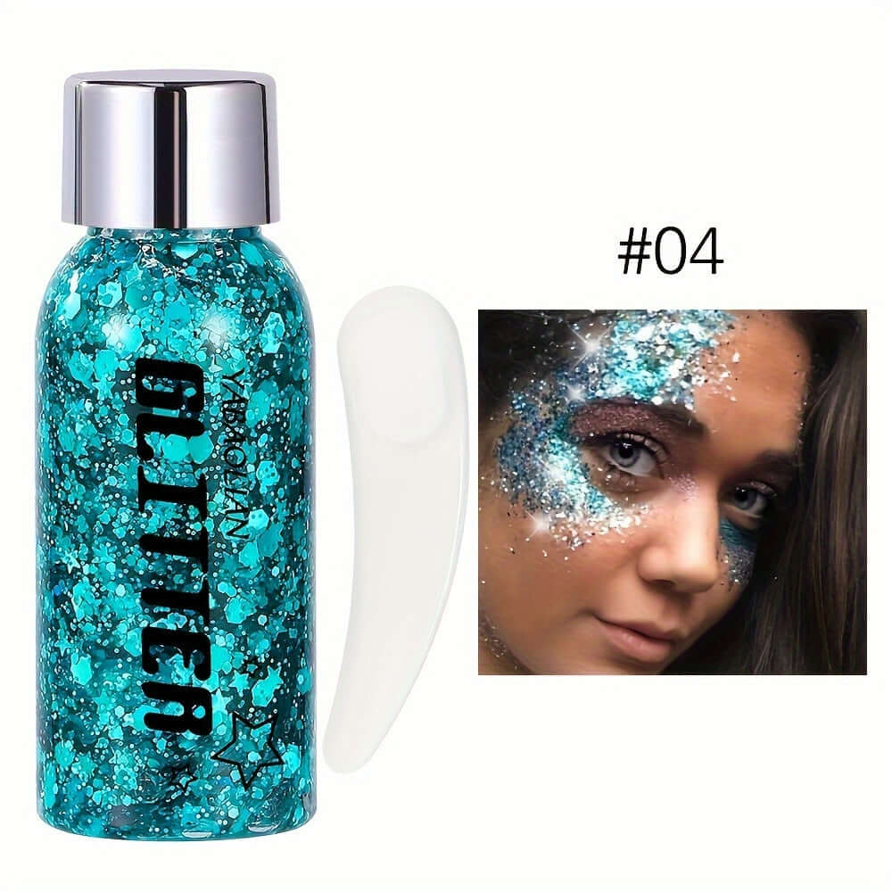 Mermaid Sequins Glitter Gel in turquoise for face makeup, shown with glittery festival look. Perfect for festivals and parties.