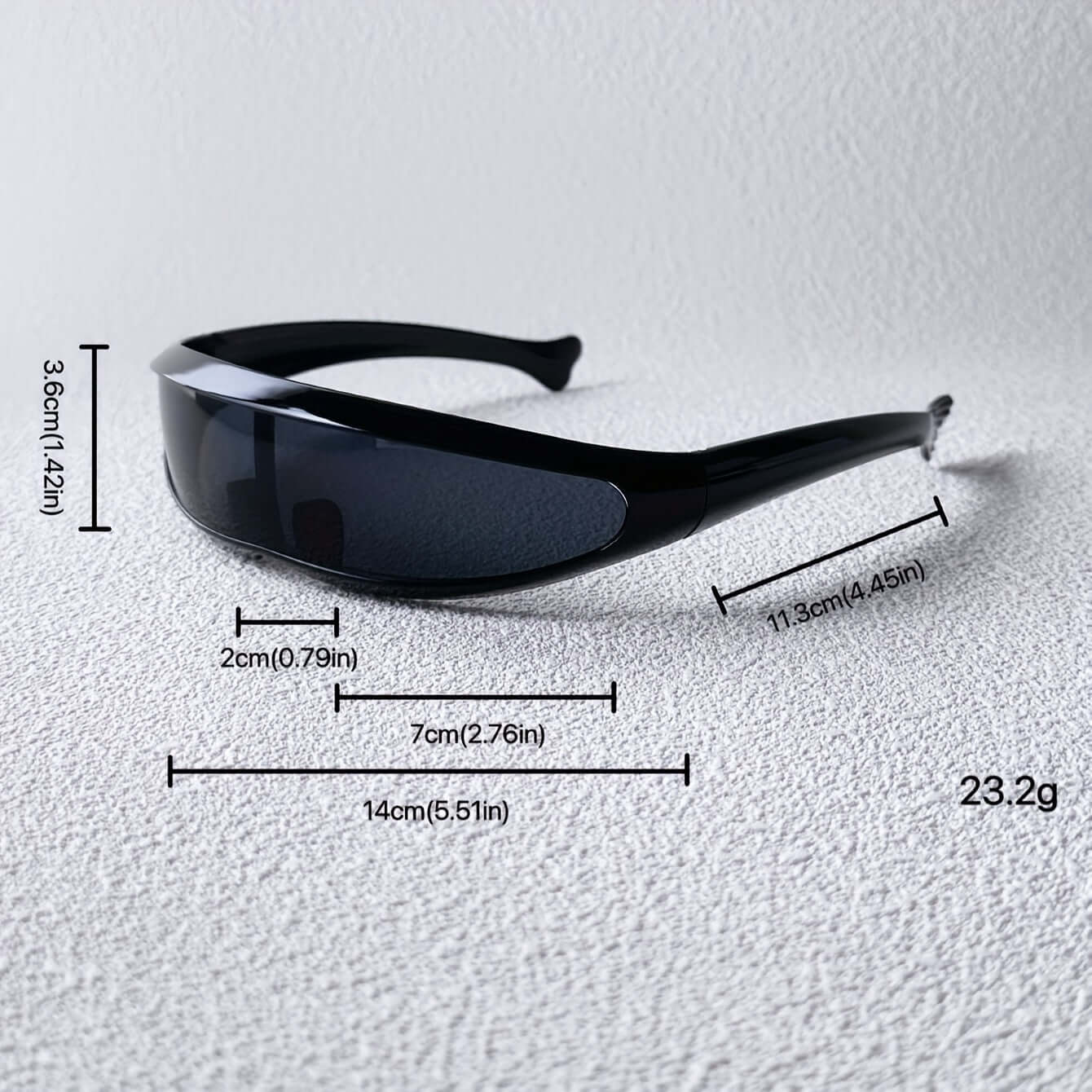 Futuristic fish-shaped sunglasses with anti-reflective lenses, dimensions and weight displayed for sleek modern eyewear.