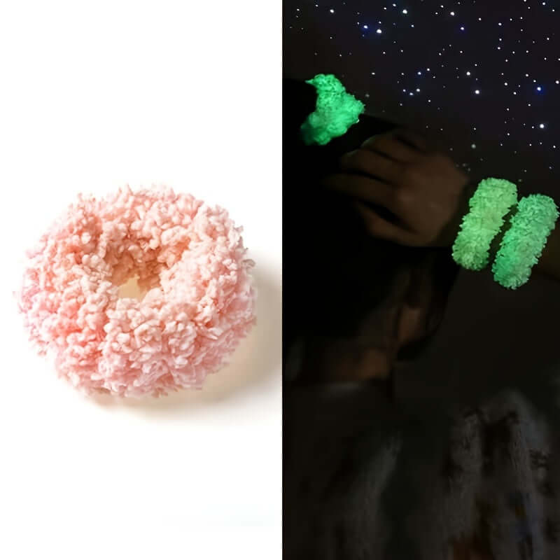 Glow-in-the-dark scrunchies set, featuring a pink scrunchie and fluorescent glow, perfect for night events and festivals.