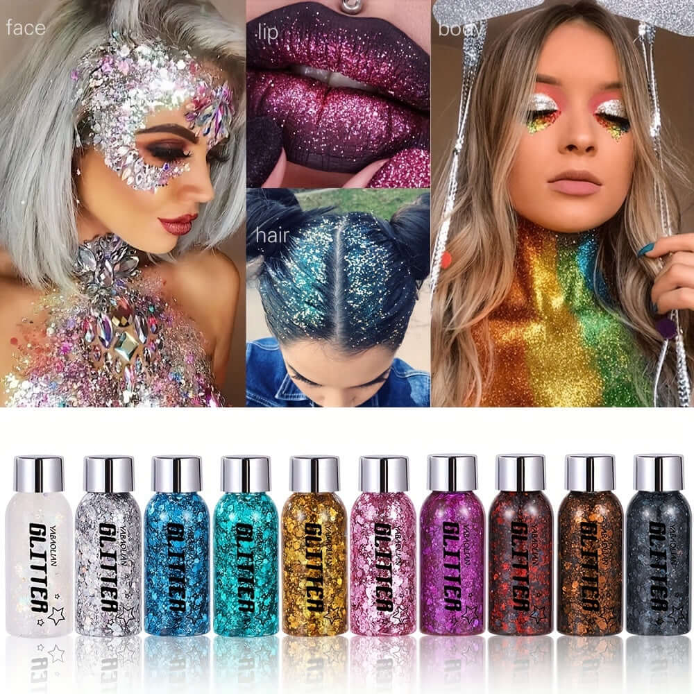 Vibrant mermaid sequins body glitter gel for face, hair, and body, perfect for festivals and parties, shown in 9 stunning colors.