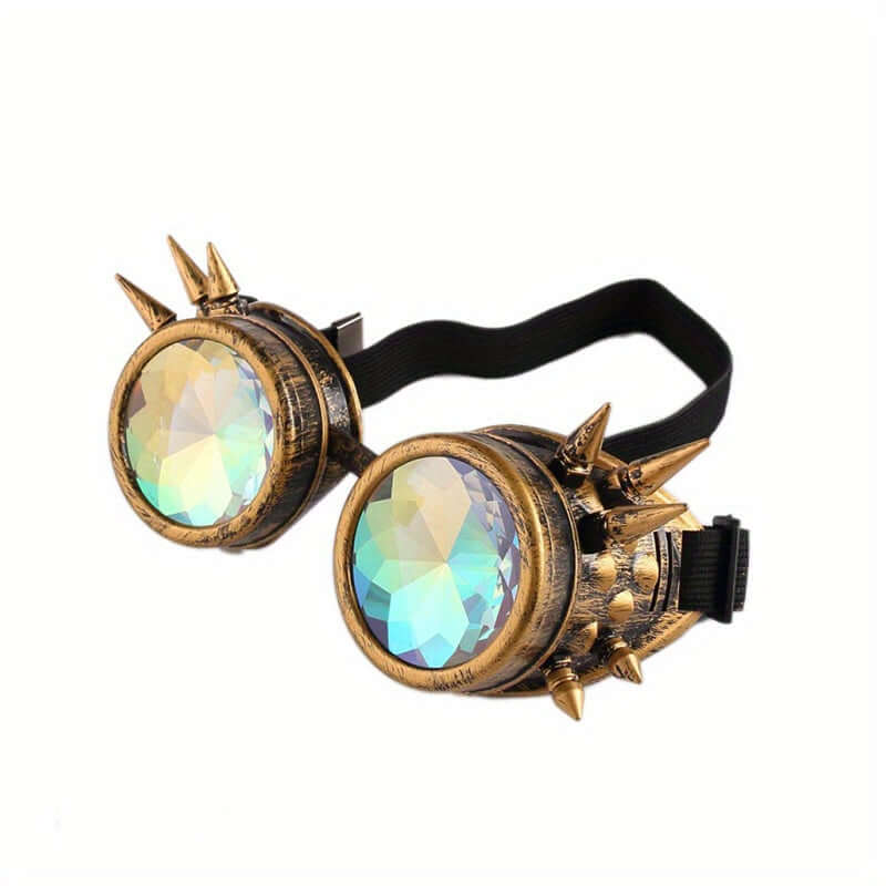 Steampunk kaleidoscope glasses with prism lenses and spikes, ideal for Y2K gothic rave parties, durable frame for festivals.