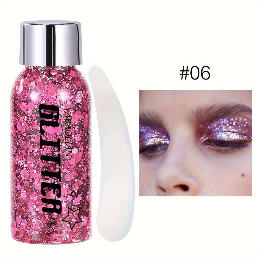 Pink mermaid sequin body glitter gel for face and hair, ideal for festivals and parties, shown with shimmering eye makeup example.