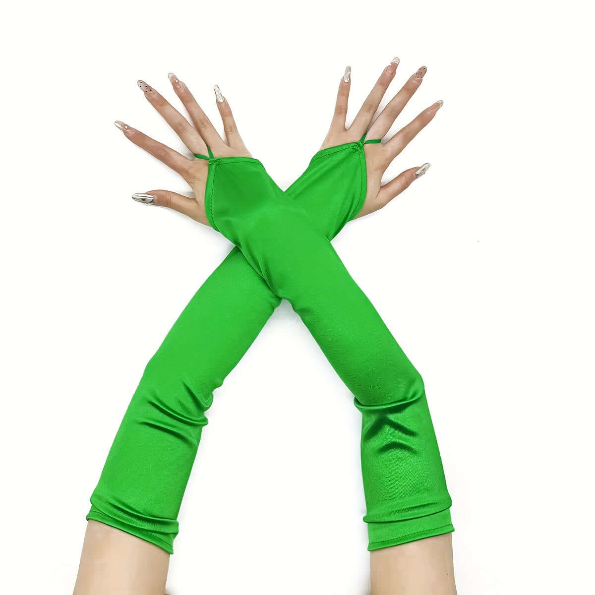 Green fingerless satin gloves for cosplay and rave, showcasing elegant style and freedom of movement.