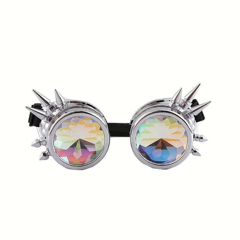 Steampunk kaleidoscope glasses with prism lenses and decorative spikes, ideal for Y2K gothic rave parties and festivals.