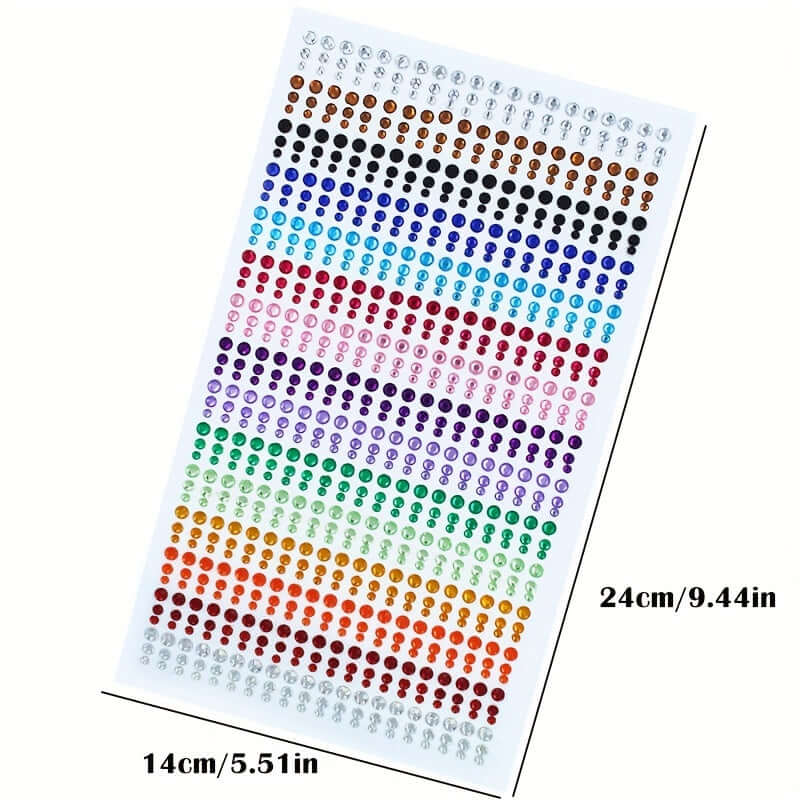 Acrylic Bling Face & Body Gems in 15 vibrant colors on a sticker sheet, ideal for crafts and party makeup, measuring 24cm by 14cm.