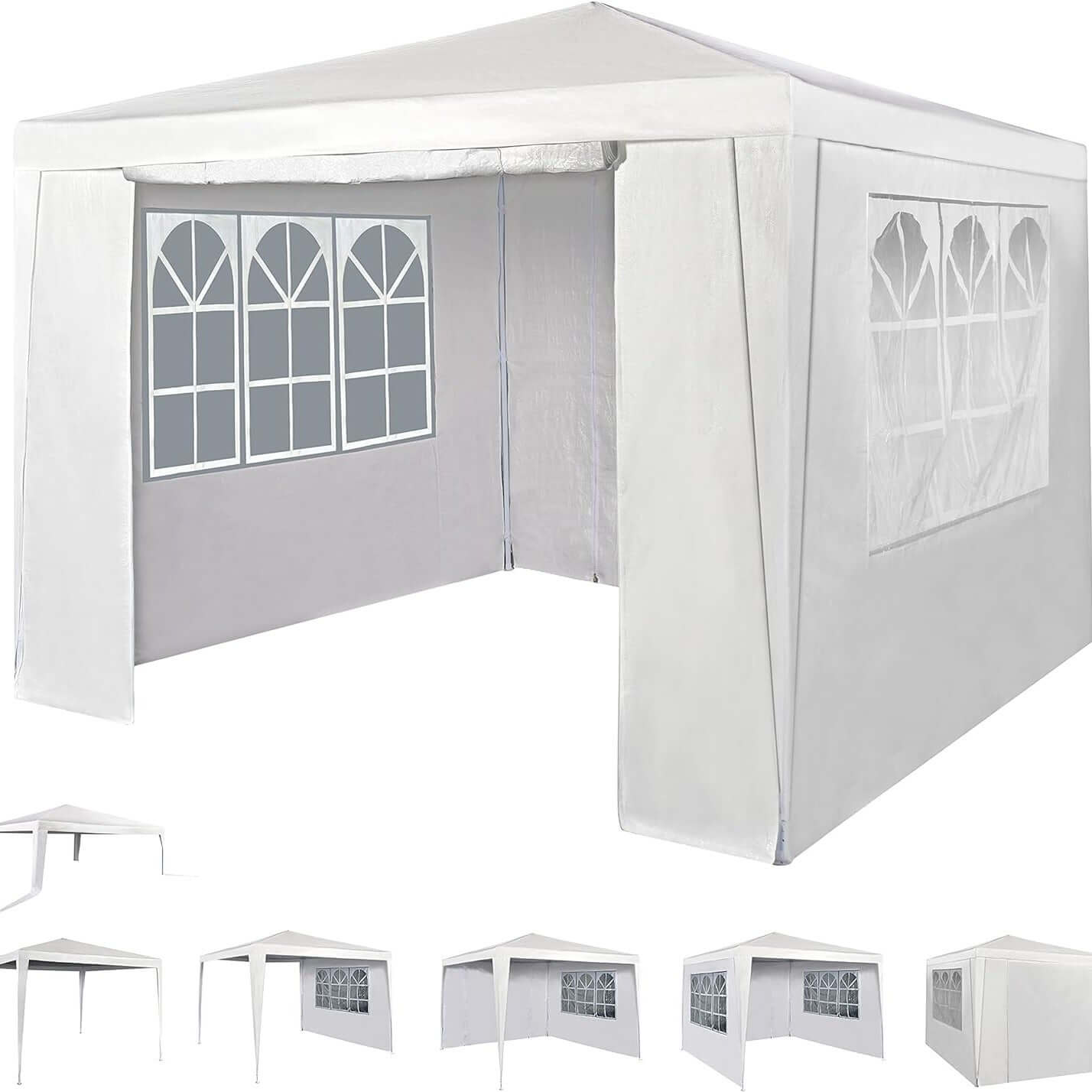 Sturdy event gazebo with 4 side panels, 3x3M waterproof party tent, rustproof steel structure, flexible setup with zippered doorway.