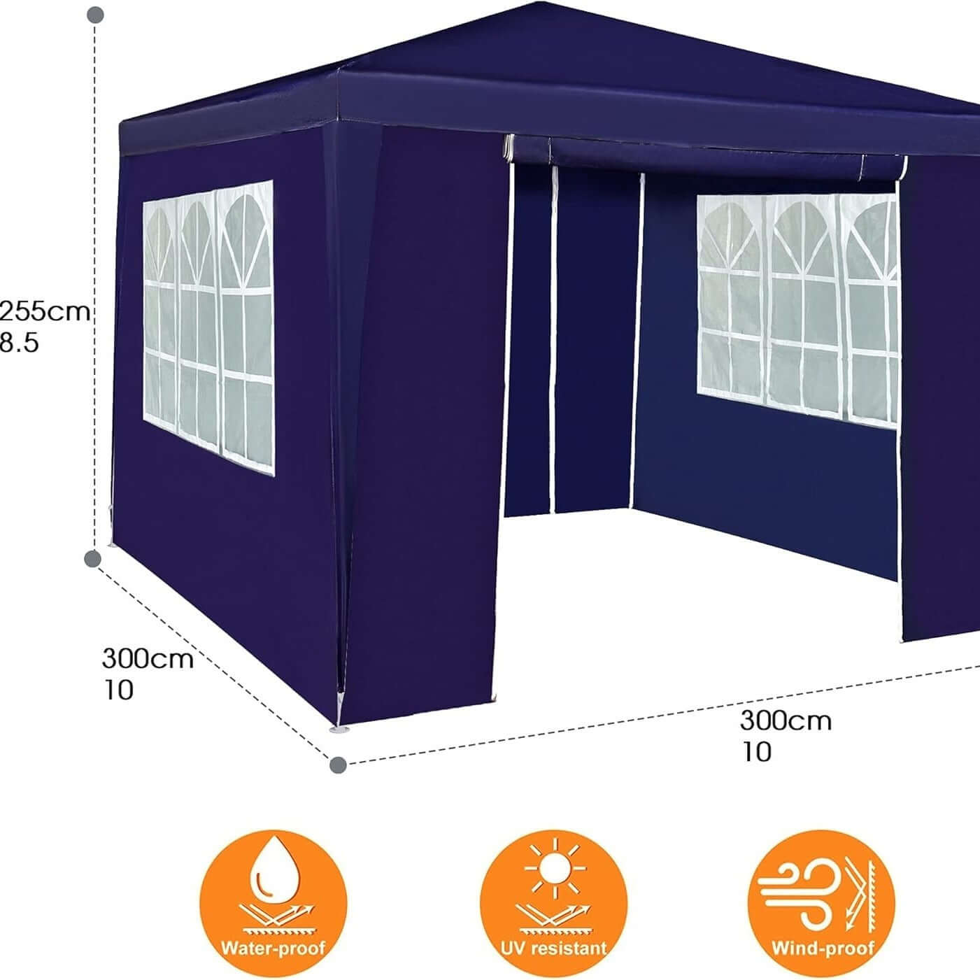 Blue 3x3M waterproof event gazebo with four side panels and zippered doorway, featuring rustproof steel structure and PE fabric cover.