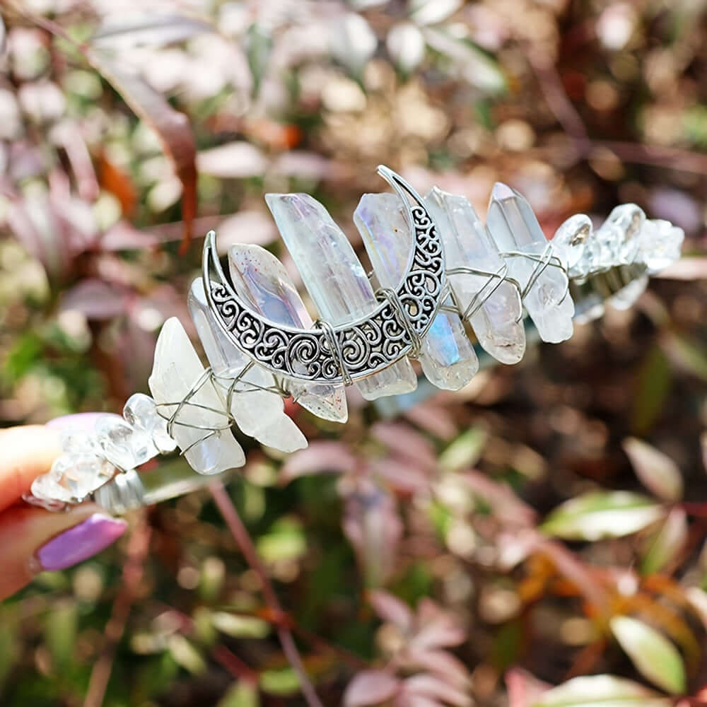 Elegant natural crystal headband with moon-shaped hollow design, perfect for weddings and special occasions, offering boho-chic style.