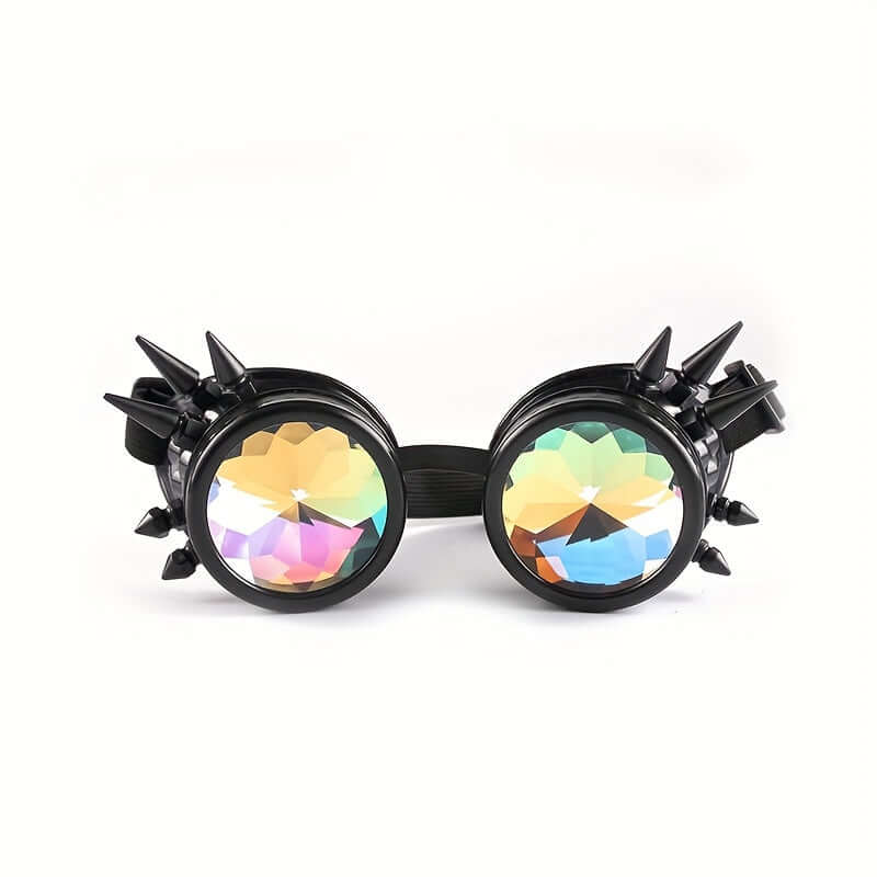 Steampunk kaleidoscope glasses with prism lenses and spikes, perfect for Y2K gothic rave parties and festivals.