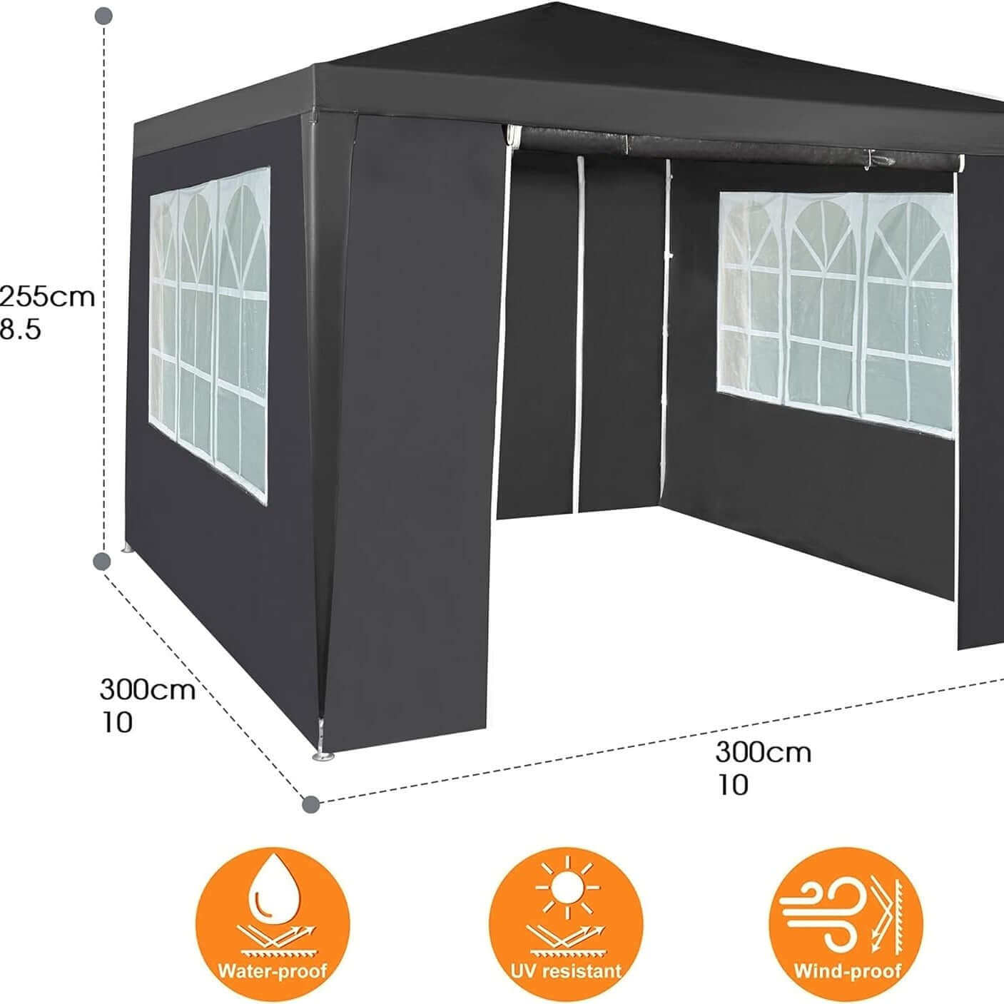 Black 3x3M waterproof gazebo with 4 side panels, UV and wind-resistant, ideal for outdoor events.