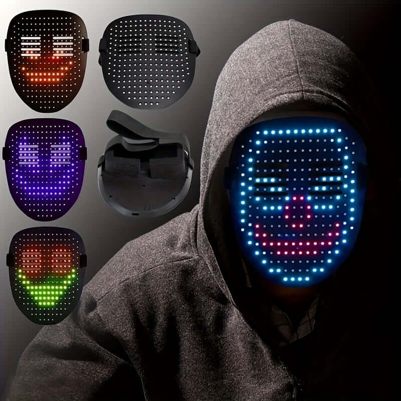 LED gesture-sensing mask displaying vibrant patterns, perfect for raves, festivals, and events with adjustable, comfortable fit.