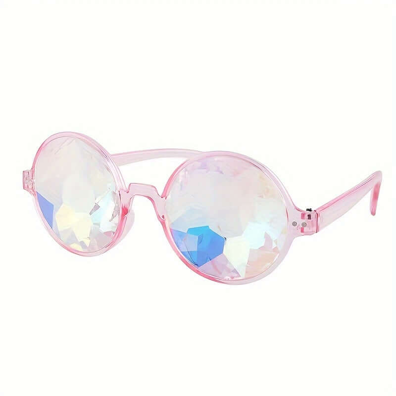 Pink kaleidoscope prism glasses with round gradient lenses, perfect for Y2K rave and festival fashion.