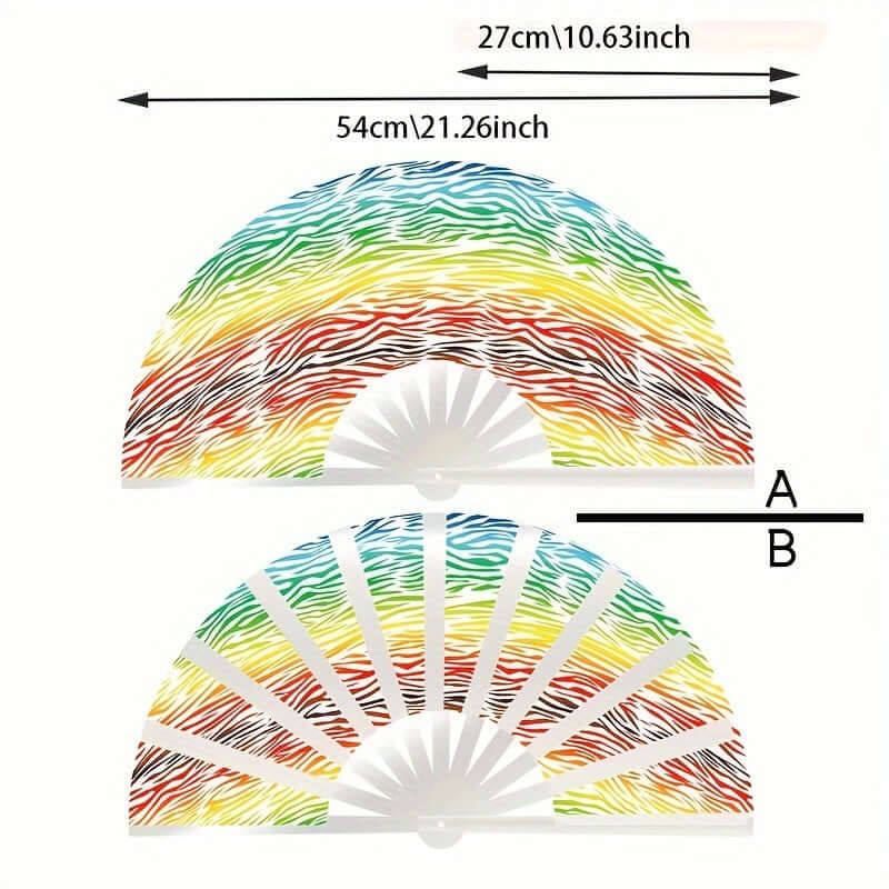 Chic Zebra Print Rainbow Folding Fan, 27.94cm Handheld Accessory, Open and Closed View with Dimensions, Ideal for Parties & Dance