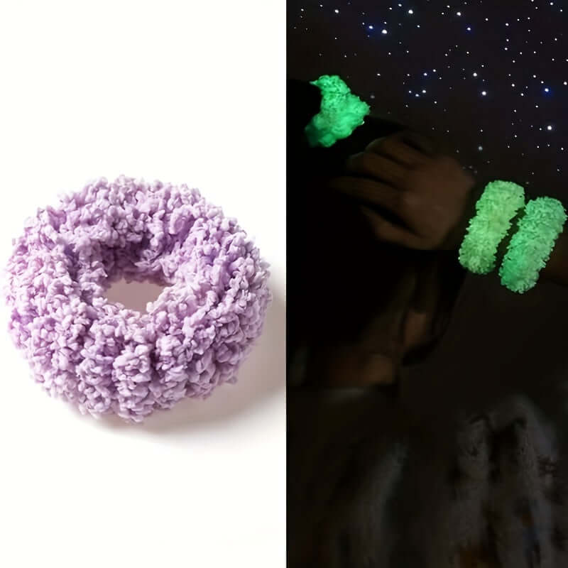 Glow-in-the-dark scrunchies set, featuring a lavender and a fluorescent scrunchie, perfect for festivals and night events.