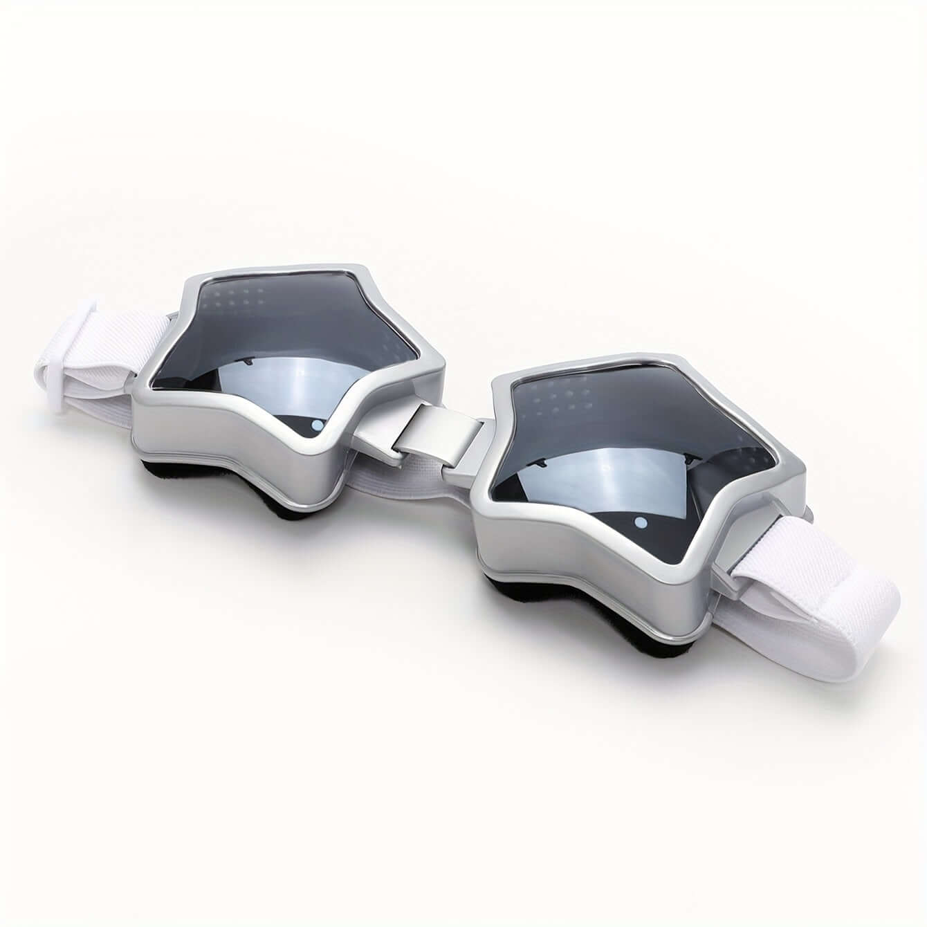 Silver star-shaped rave goggles with mirrored lenses and adjustable white strap