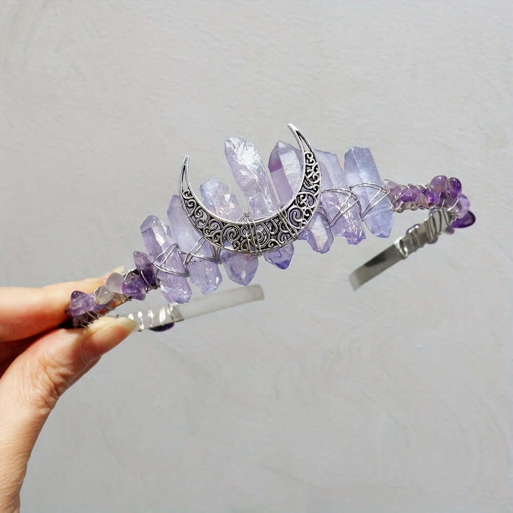 Elegant natural crystal headband with moon-shaped design, ideal for weddings and special occasions, features purple crystals.