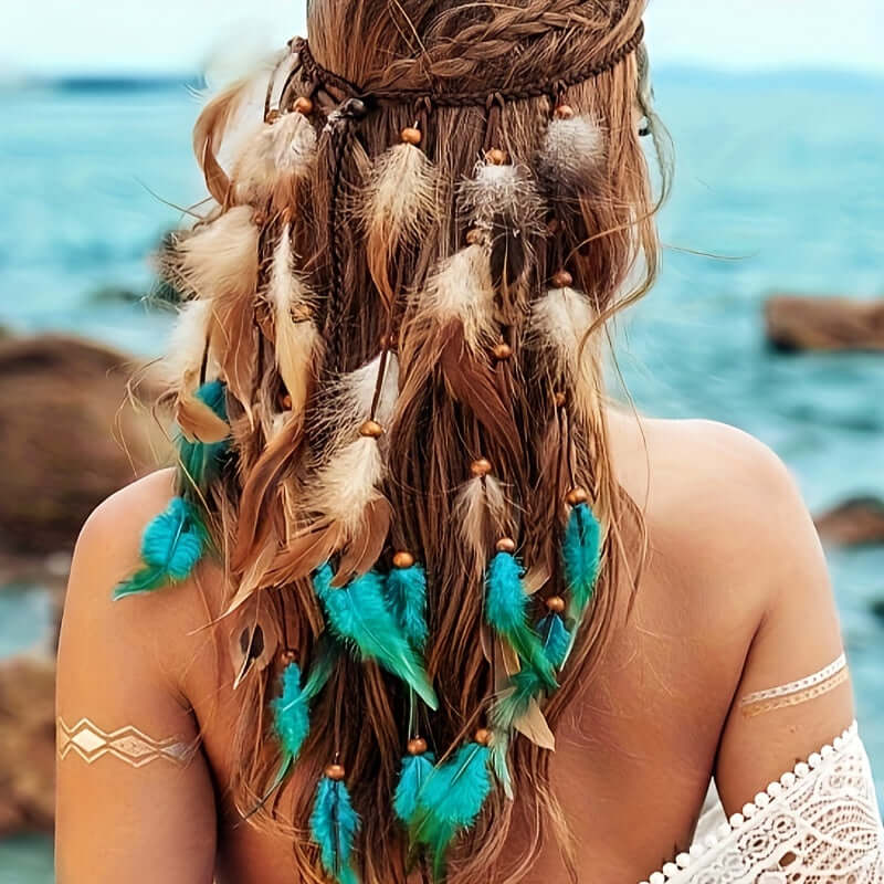 Bohemian-inspired feather headband with faux feathers and chicken feather accents for a stylish beach look.