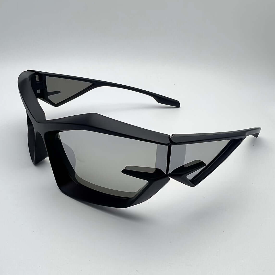 Polygonal rave glasses with anti-reflective lenses, featuring a modern design suitable for outdoor climbing and hiking.