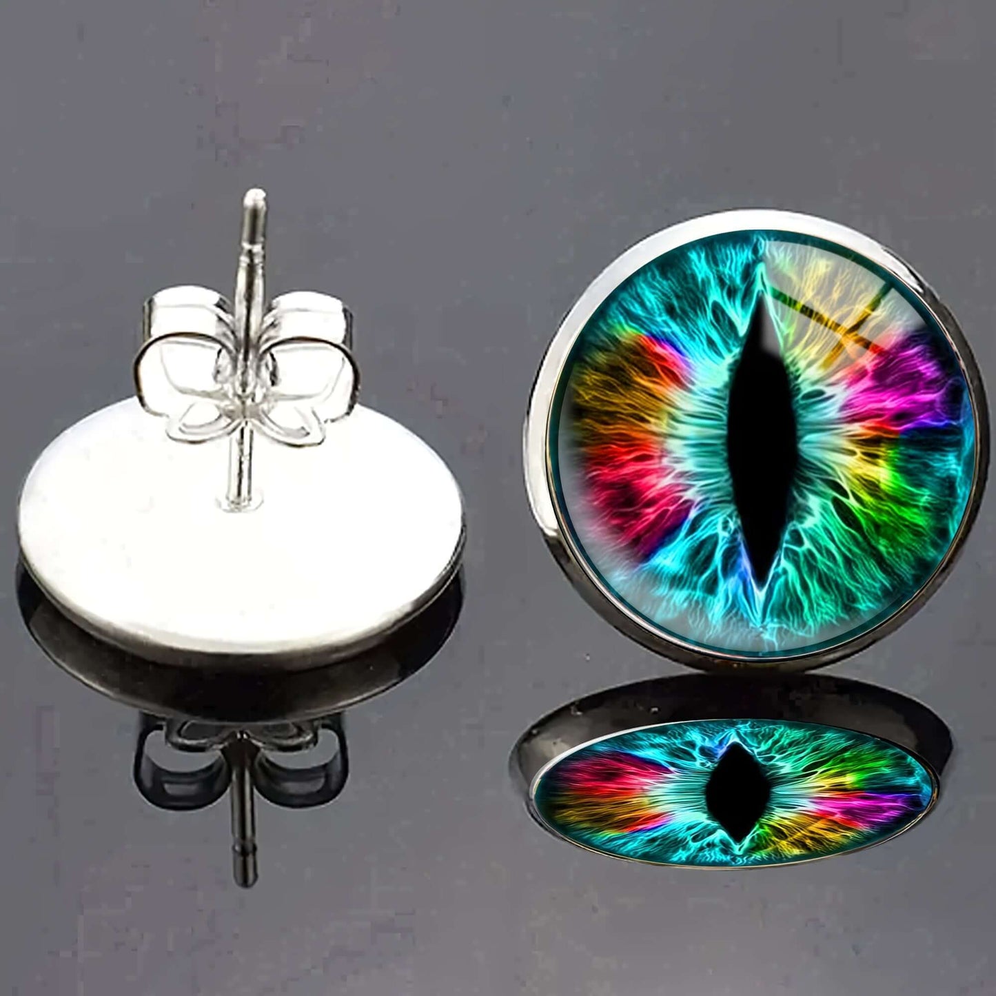 Colorful dragon eye stainless steel stud earrings with vibrant gothic design on black background.