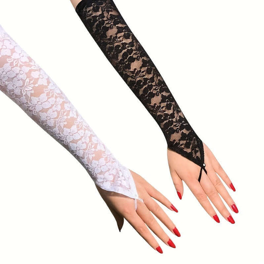 Elegant floral lace fingerless gloves in black and white, showcasing sophisticated tulle mesh design for women's fashion.