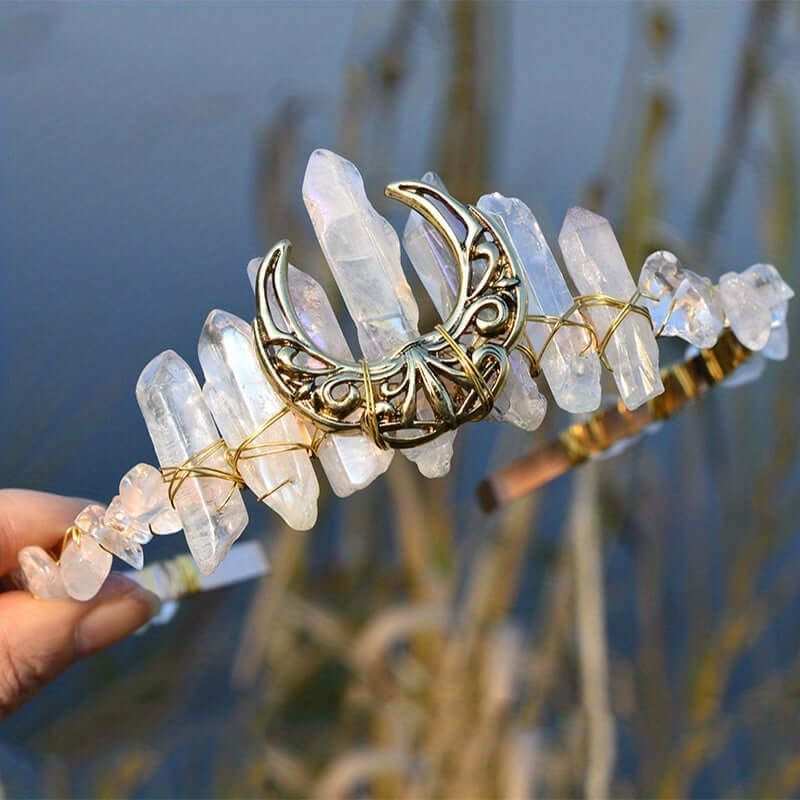 Elegant crystal headband with moon-shaped hollow design, perfect for weddings and special occasions, adds a boho-chic touch.