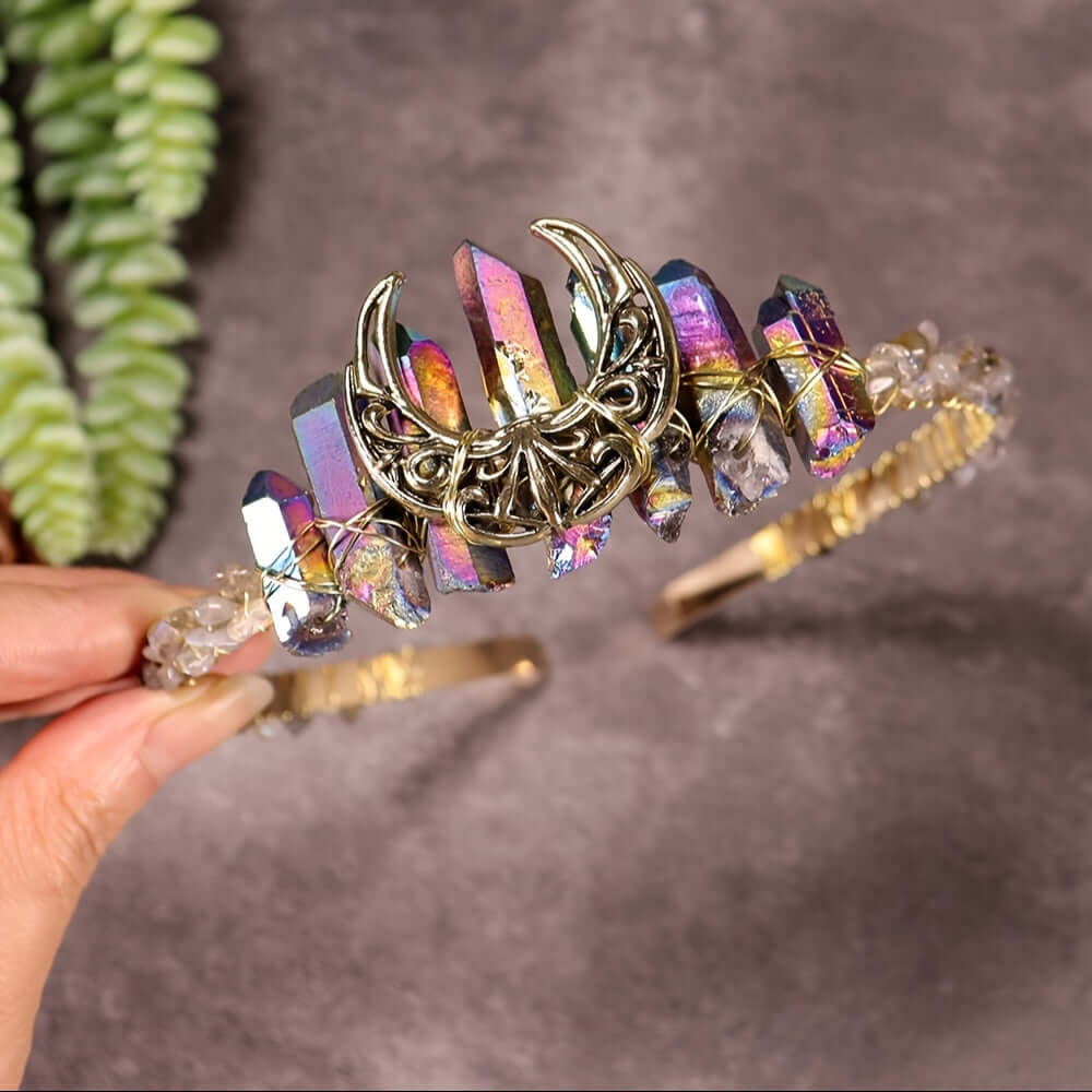 Elegant moon-shaped crystal headband with vibrant colors, perfect for weddings and special occasions.