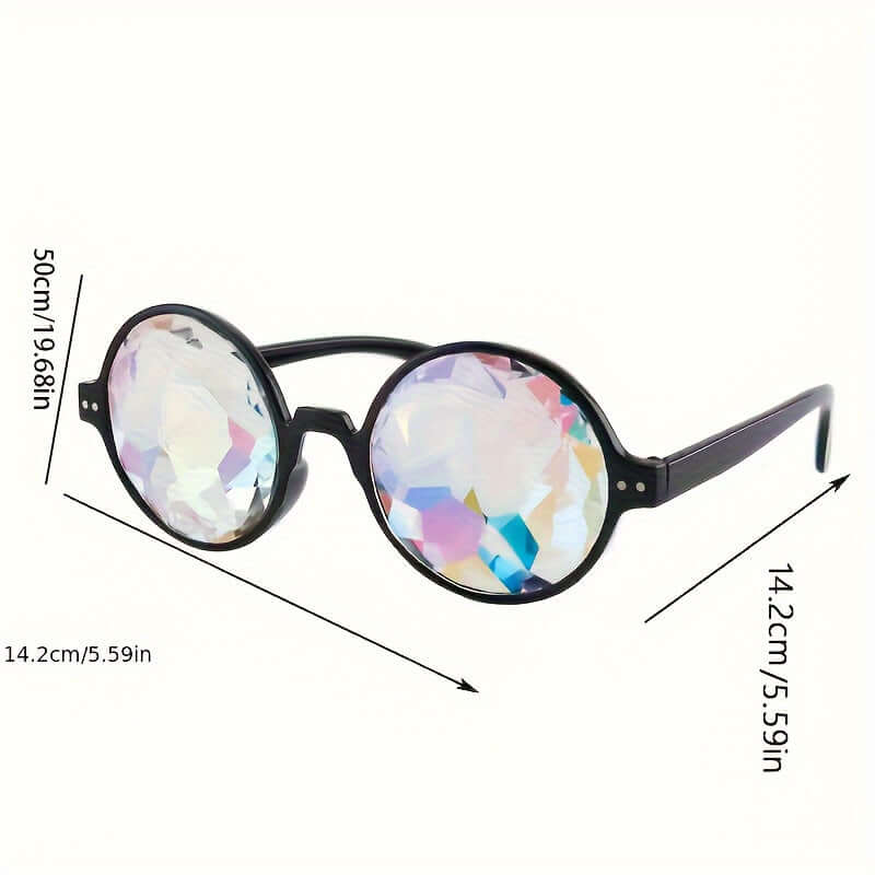 Kaleidoscope prism glasses with gradient lenses and plaid pattern, perfect for raves and festivals, shown with measurements.