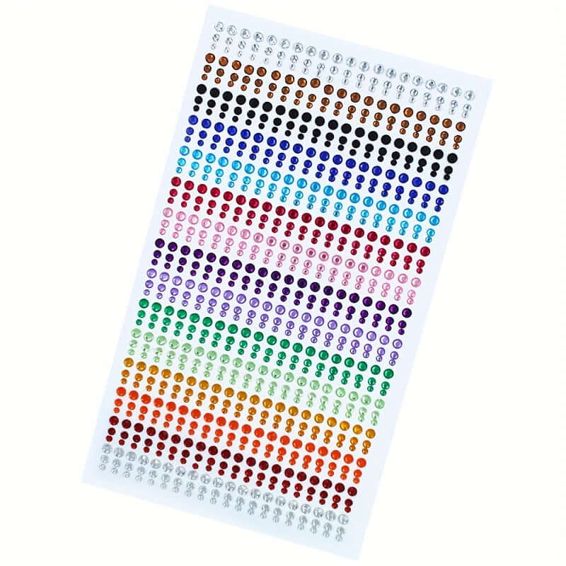 Acrylic bling face and body gems in 15 vibrant colors, arranged in rows, perfect for parties and crafts with self-adhesive design.