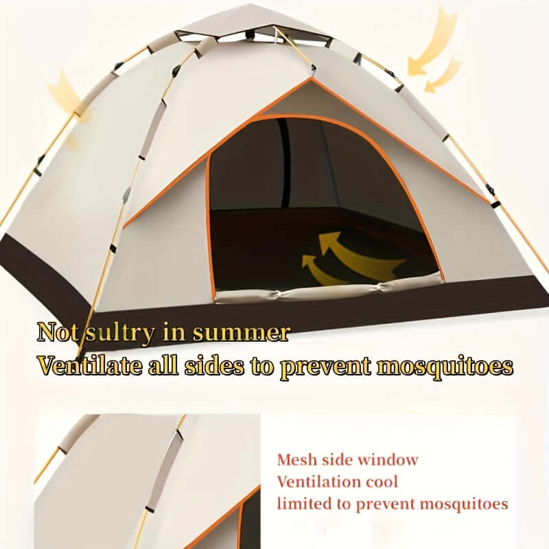 Waterproof camping tent with mosquito-proof ventilation, UV protection, and carbon-fiber poles for 3-7 people.