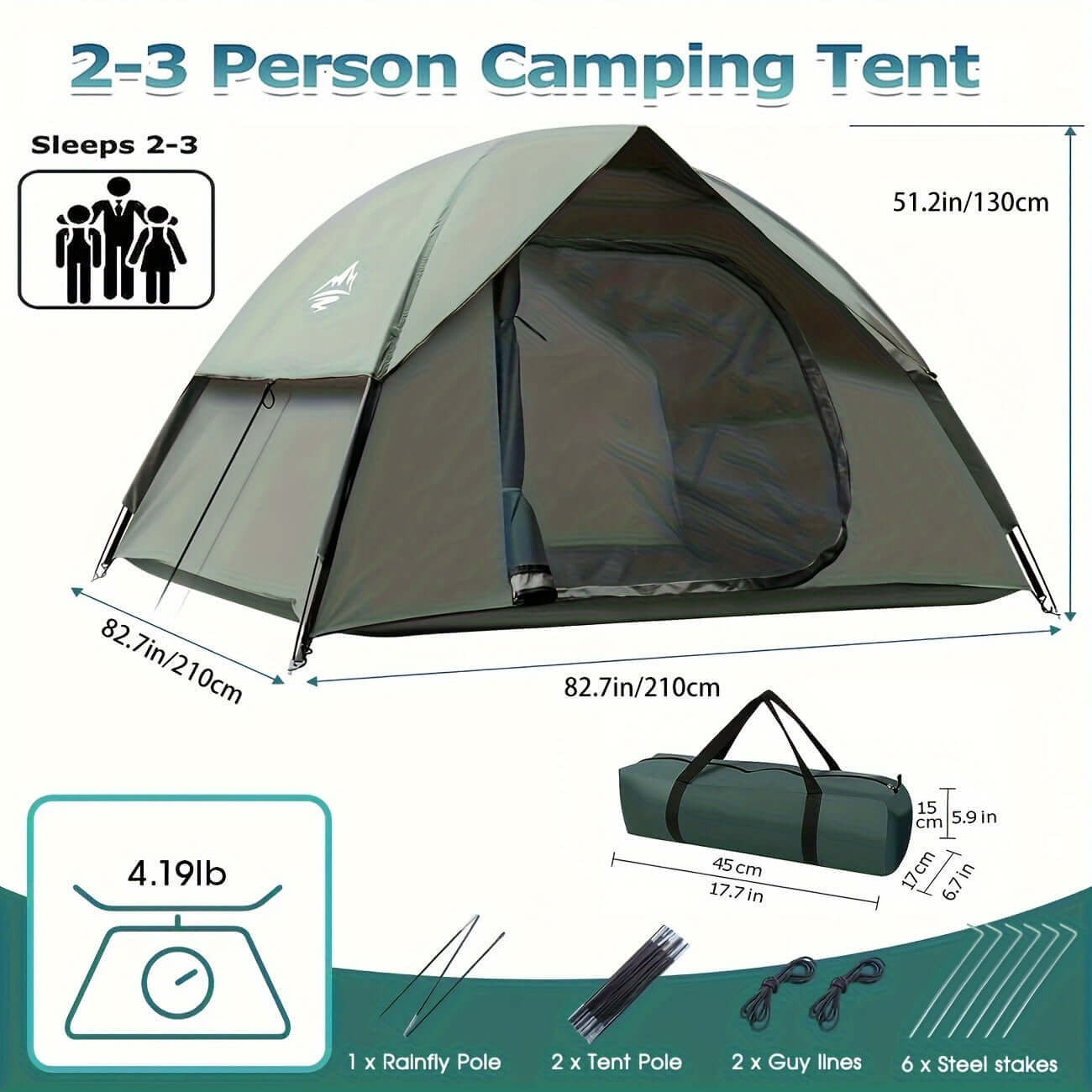 Dome camping tent for 2-3 people with removable rainfly, easy setup, lightweight design, and included accessories for group camping.