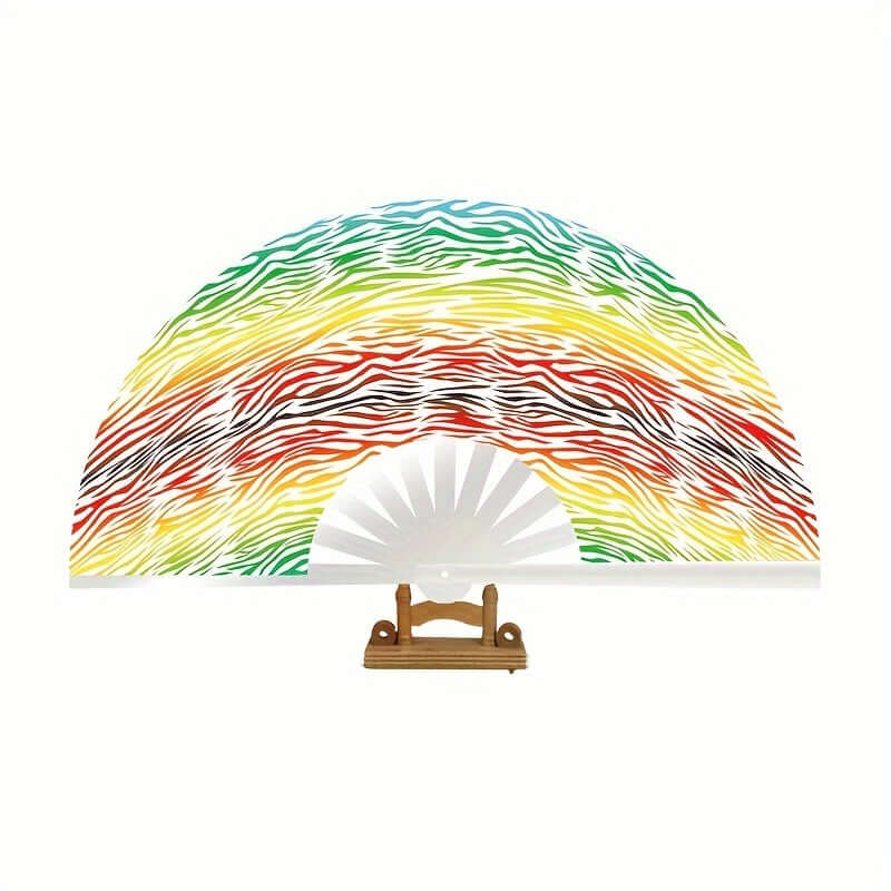 Chic zebra print rainbow folding fan with bold colors, large size, ideal for parties and dance; 27.94cm handheld accessory on stand.