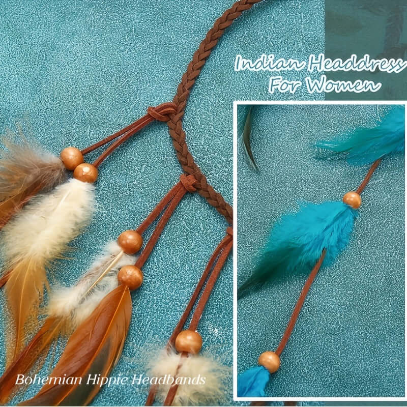 Bohemian headband with faux feathers and beads for women on teal background, perfect for adding a stylish hippie touch to any outfit.